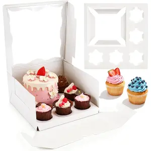 4 Packs Bento Cake Box with Cupcakes, 1+5 Cupcake Box Combo with Clear Window, Fits 5 Cupcakes and 1 Mini Cake for Wedding Birthday Party Baby Shower Baking Supplies