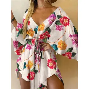 Women Print Dress Sexy V-Neck Bat Sleeve Ruffle Flowers Print Bohemian Beach Sundress Ladies Loose Summer Vacation Mini Dresses