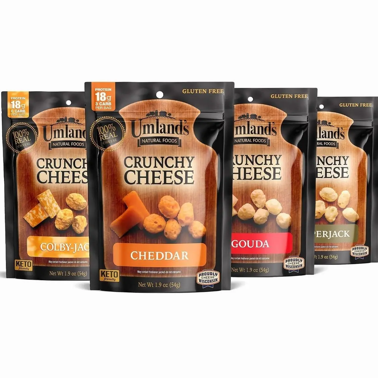Umland’s Crunchy Cheese – Variety Pack (4 × 1.9 oz Bags) | Cheddar, Colby Jack, Pepper Jack, Gouda | Real Cheese, Keto, Low-Carb, High-Protein, Gluten-Free Snack