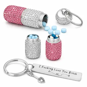 Bling Rhinestone Dual-Compartment Mini Holder Keychain + Funny Quote Keychain – Portable Capsule Case & Statement Charm for Purse, Travel Bag, Vitamins, Mints & Tiny Accessories