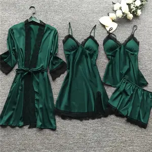 Lace Silk Pajamas Set Nightdress Sexy Lingerie Robe Women Sleepwear 4 Pieces Suits Sleeping Top And Shorts Femme Pijama Mujer Pj Loungewear Womenswear Homewear Spaghetti Strap