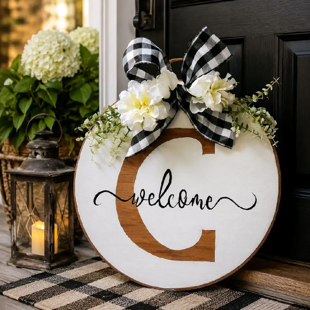 Personalized Wooden Welcome Door Hanger, Farmhouse Monogram Door Sign, Rustic Front Door Decor, Buffalo Plaid Wreath, Housewarming Gift, Family Name Sign