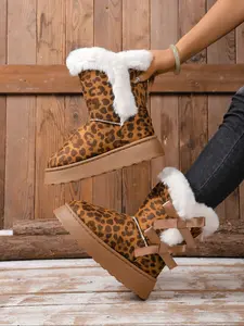 Women's Fashion Leopard Print Faux Fur Snow Boots, Thick Sole, Bow Decor, Mid-Calf Comfort, Warm Lining, Fall & Winter Shoes