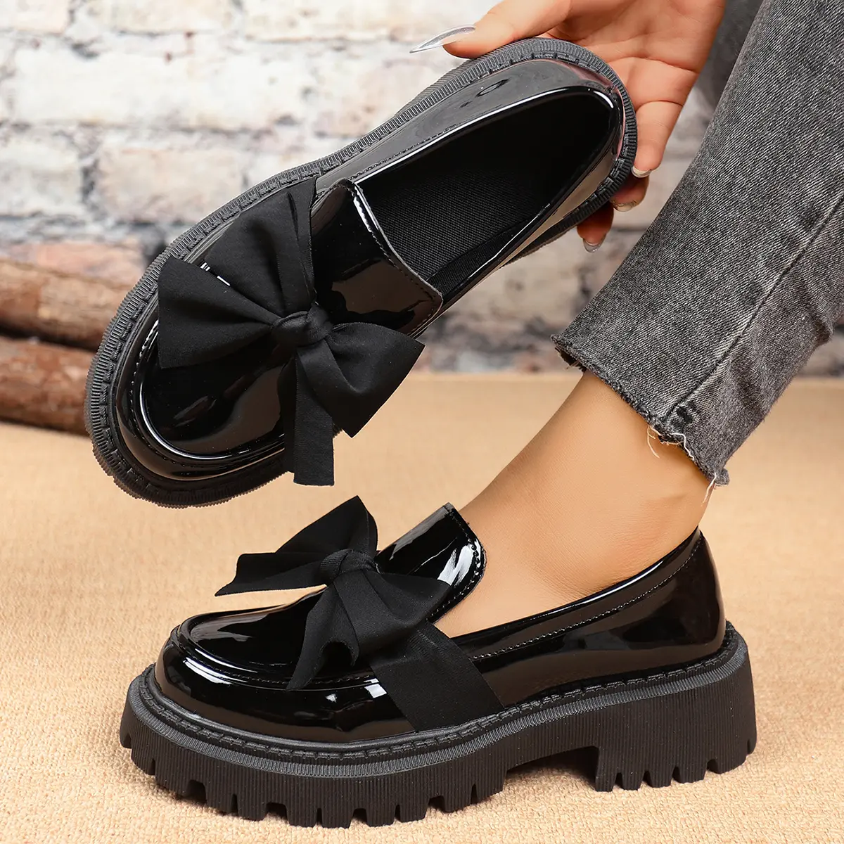 Women's Chunky Platform Loafers in Patent Leather with Bow Accent, Thick Sole Slip-On Walking Footwear