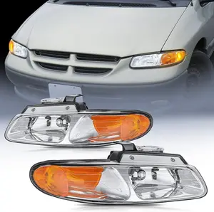 Nilight Headlight Assembly Compatible with 1996 1997 1998 1999 Chrysler Town & Country Dodge Grand Caravan Plymouth Grand Voyager Replacement Headlamp Chrome Housing Amber Reflector