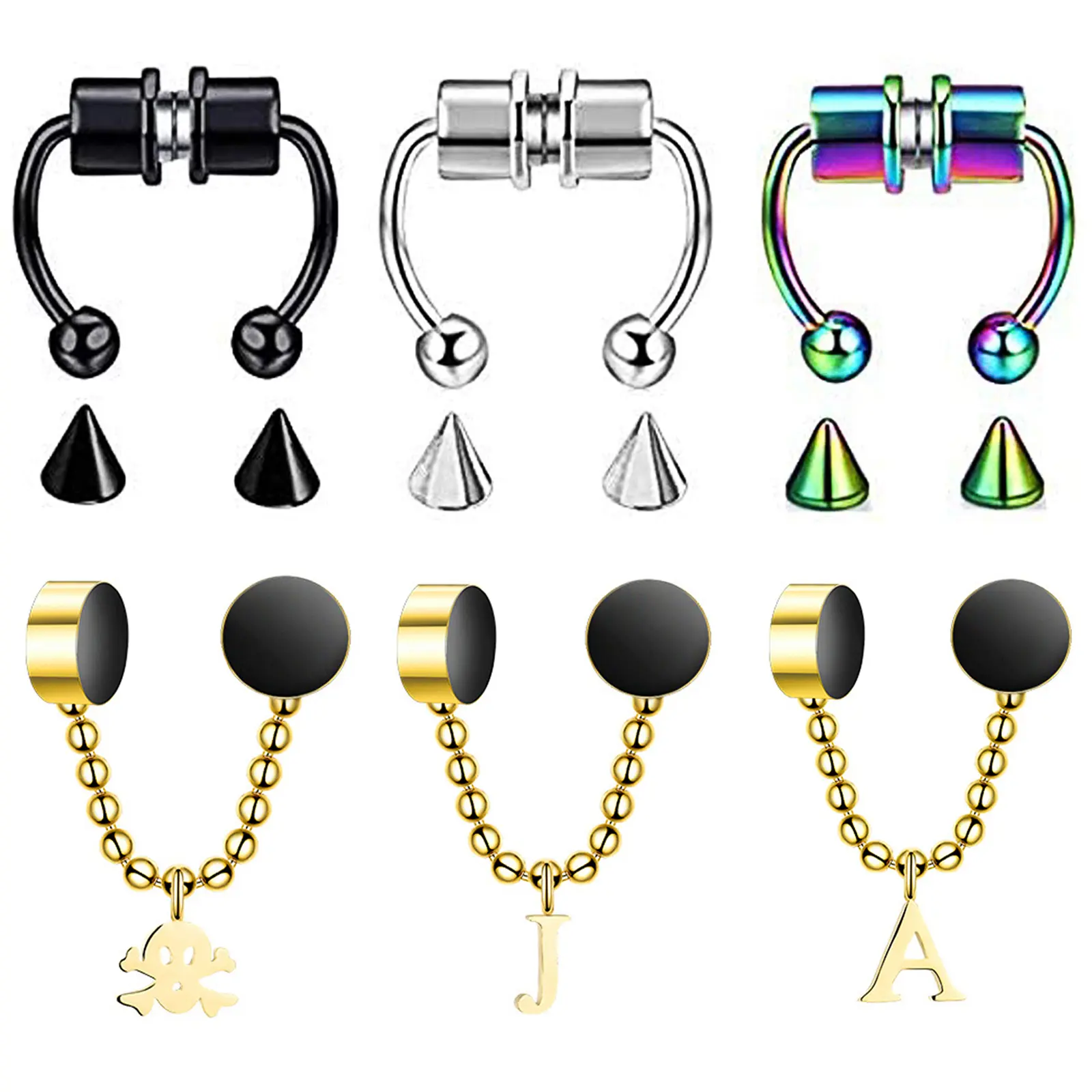 OIDEA 16G 316L Stainless Steel Magnetic Faux Septum Nose Ring Set, 6PCS Non-Piercing Body Jewelry with Horseshoe, Cross, Skull, Star, Moon Designs, Magnetic Septum