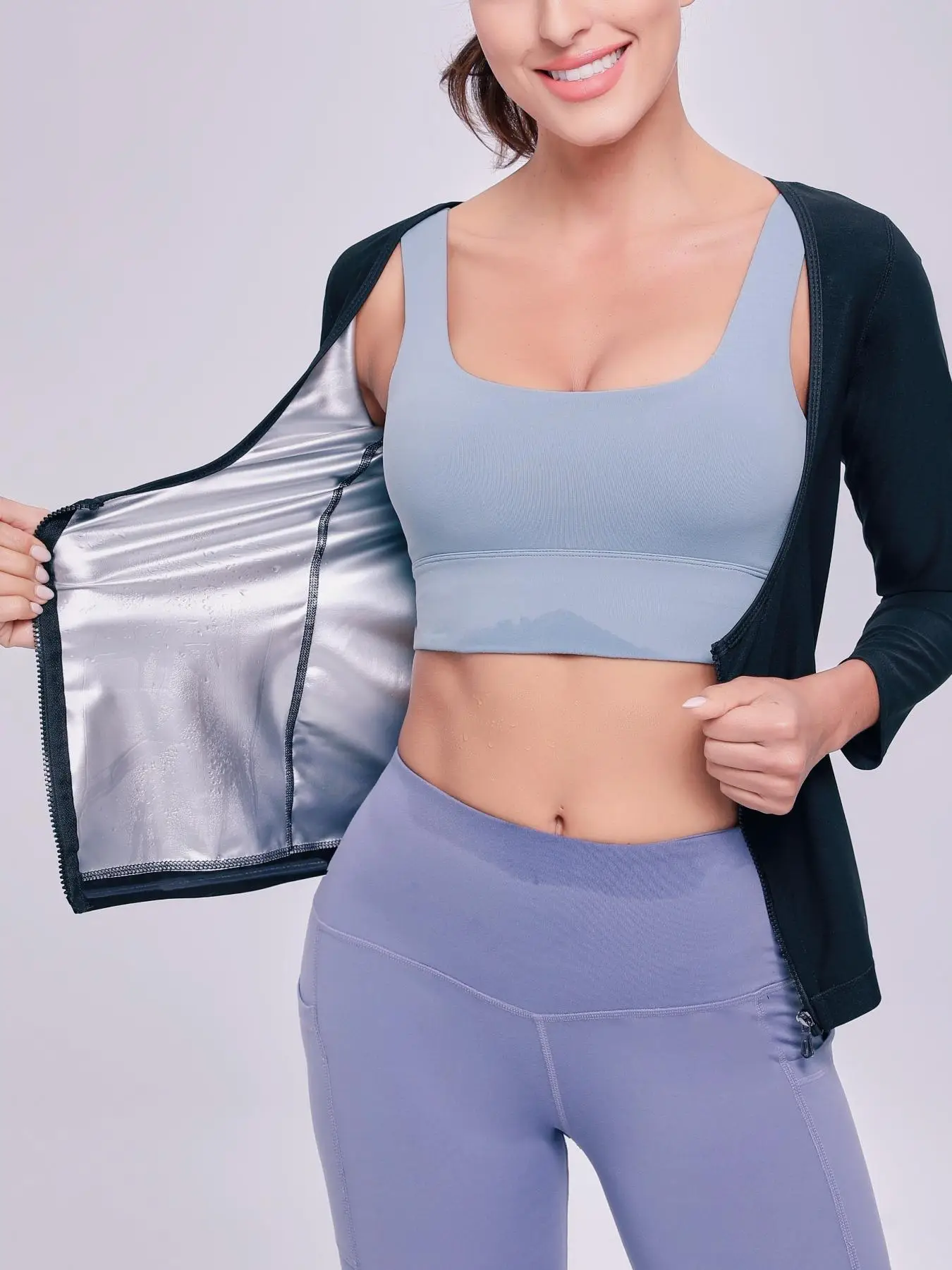 Women's Solid Zip Up Scoop Neck Sports Sauna Top, Long Sleeve Zip Front Sports Top, Workout Gym Exercise Top for Women