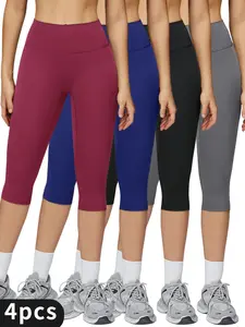 4-Pack yoga pants Sports Leggings For Women, High-Waisted Cropped Yoga Pants With Pockets, Women's Super Soft High-Elastic Capri Leggings - Full Coverage No See-Through Workout Pants, Solid Color Athletic Yoga Running Capris