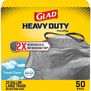 Glad 33 Gal. Heavy Duty 2x Reinforced and Rip Resistant Top Large Drawstring Outdoor Black Trash Bags 50-Count (1/2-Pack))