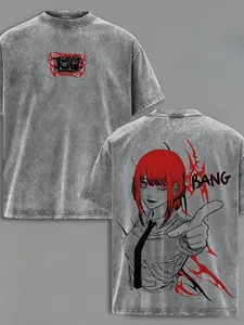 Chainsaw Man Makima Vintage Washed Double Sided Oversized T-Shirt Bang Anime Girl Graphic Grunge Aesthetic Harajuku Streetwear Unisex Retro Manga Casual Fan Tee Top