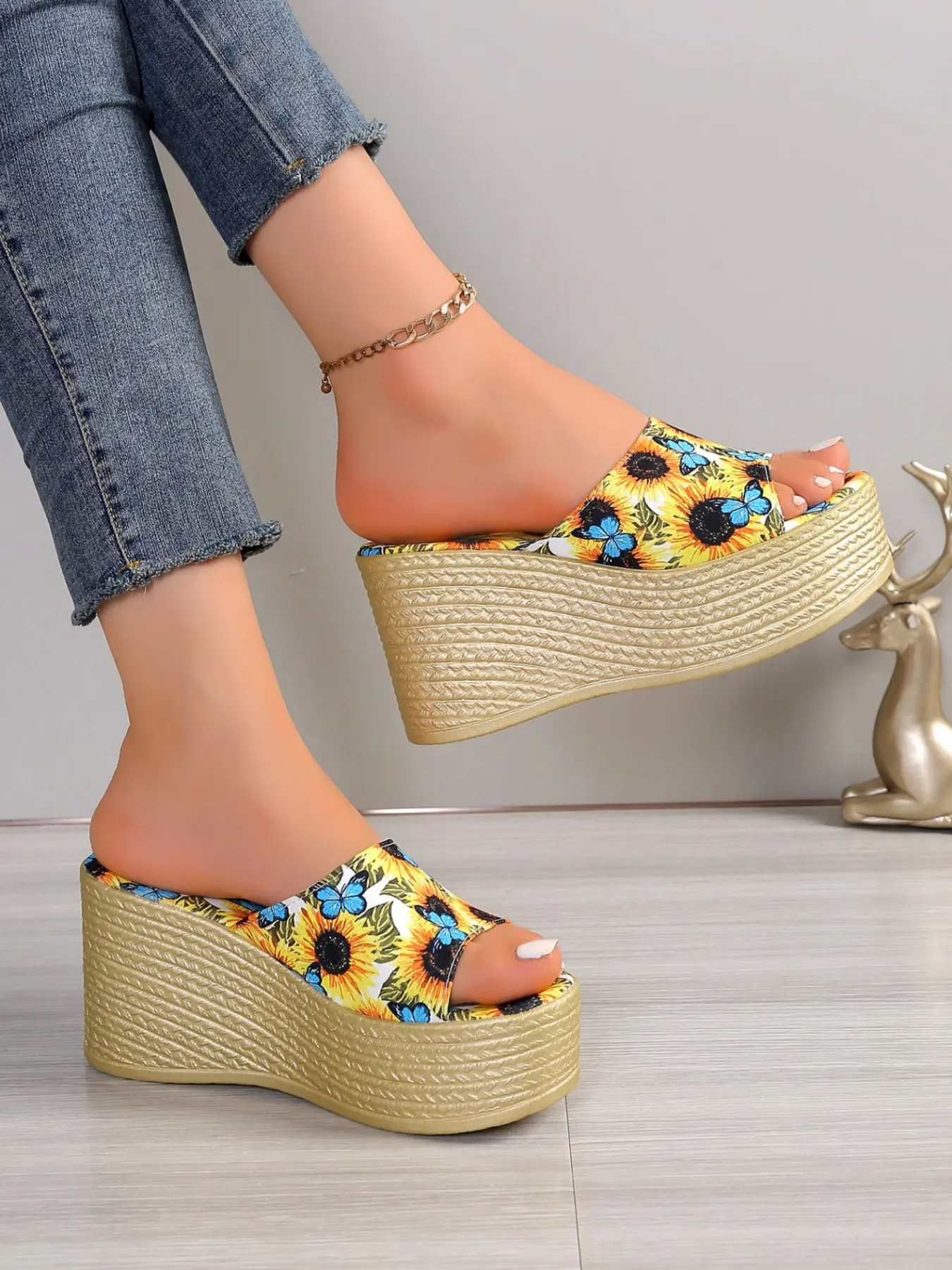 Summer Sunflower Butterfly Wedge Thick Sole Sandals, Fish Mouth Open Toe Slip-On Fashion Beach Shoes, Versatile Vacation Footwear