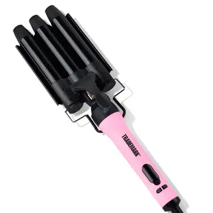 Handle + 1 Inch Waver, Mood Interchangeable Hair Iron by Trademark Beauty, Ceramic Barrels, Tight, Mermaid Waves, Pink & Black, Attachments