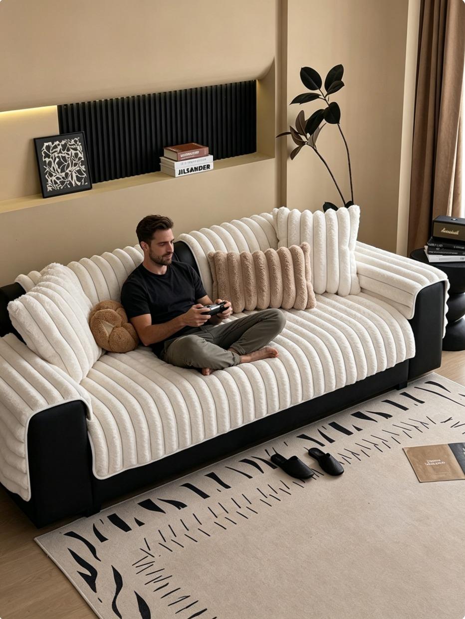 Cloud-Like Cream Ribbed Faux Fur Sofa Cover | Ultra-Soft Striped Couch Protector