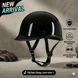QUICKOOL Vintage German Style Motorcycle Half Helmet - Retro Glossy Black Open Face Cruiser Scooter Biker Cap for Men & Women