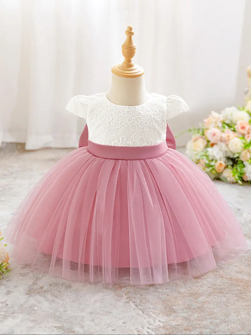 open lace back dress Pink Girl Princess Dress Knee Length For 1st Birthday J409 Pink A / Child-2