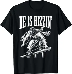 Casual Cotton shortsleeve tees He is Rizzin Funny Jesus Skateboard Meme T-Shirt
