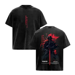 Black Washed Samurai Warrior Tokyo Streetwear Tshirt for Men Women Oversized Japanese Bushido Graphic Print Casual Crewneck Short Sleeve Tee for Daily Wear