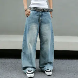 Men's color-block pocket loose-fit casual washed wide-leg jeans, curved knife cut