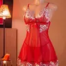 Women's Elegant Thin Lace Teddy Sexy Lingerie With thongs - Halter V-Neck, Adjustable Straps, Floral Design, Polyester Fabric, Bow Detail, Hand Washable, Romantic Gifts for Her