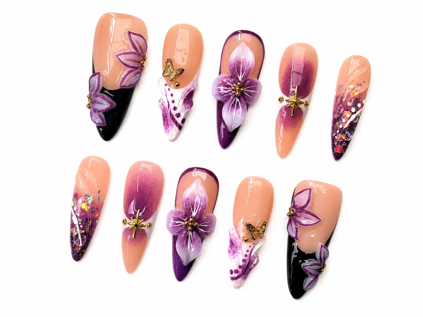 Unailty I Noir Violet Multi-Colored Press-On Nails, Professional Salon-Quality Handmade, High-Strength Durable Reusable Nail Art Accessories, Multi Colored Nails