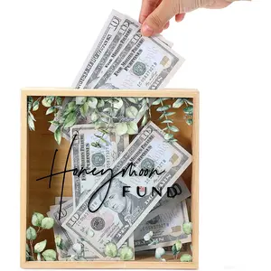 Rustic Wooden Honeymoon Fund Shadow Box - 8x8 Inch Wedding Card Case with Greenery, Home Decor for Wedding Reception, Bridal Shower Gift