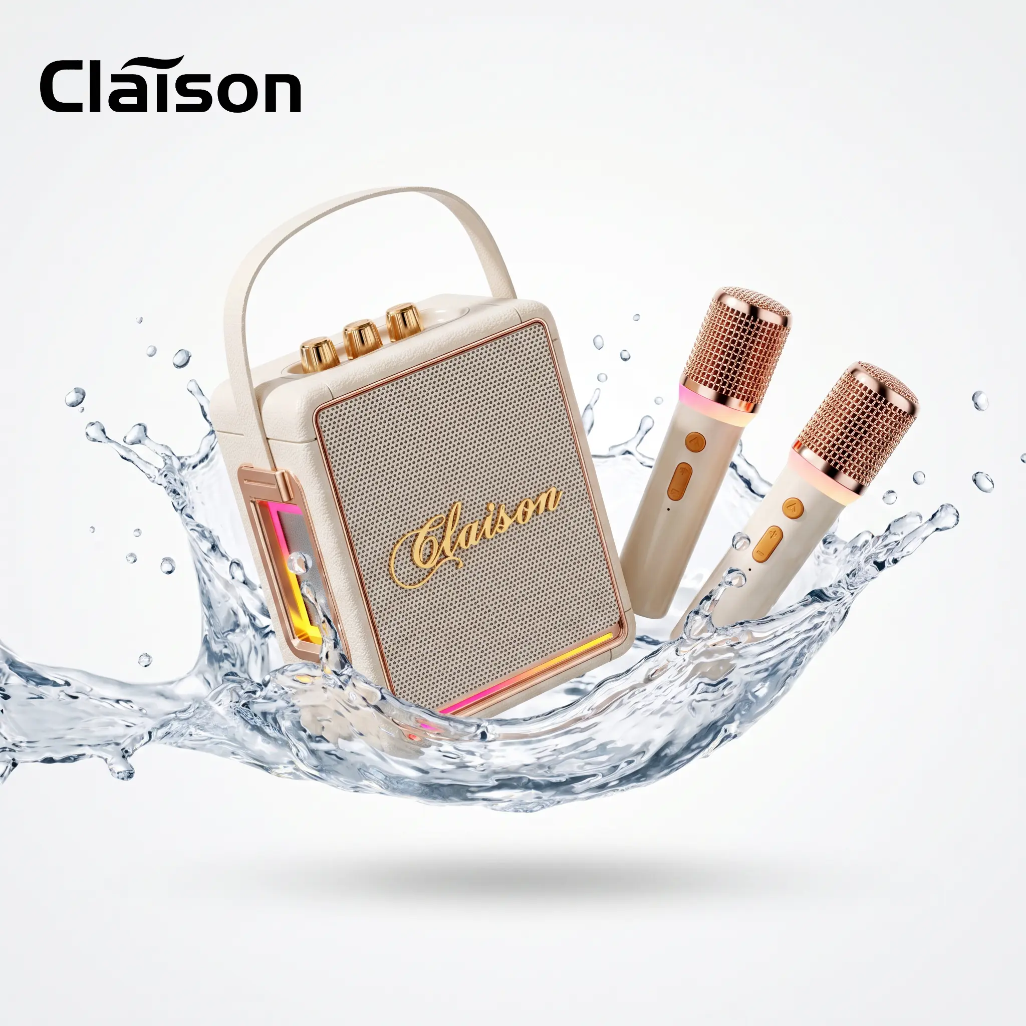 Claison Portable Karaoke Machine, Mini Wireless Speaker with 2 UHF Mics, KTV-Level 360° Surround Sound, HiFi Stereo Sound, Deep Bass, Echo Reverb, RGB Ambient Lights, Bluetooth & AUX Playback, for Families’ Campfire/BBQ Party, Premium Gift