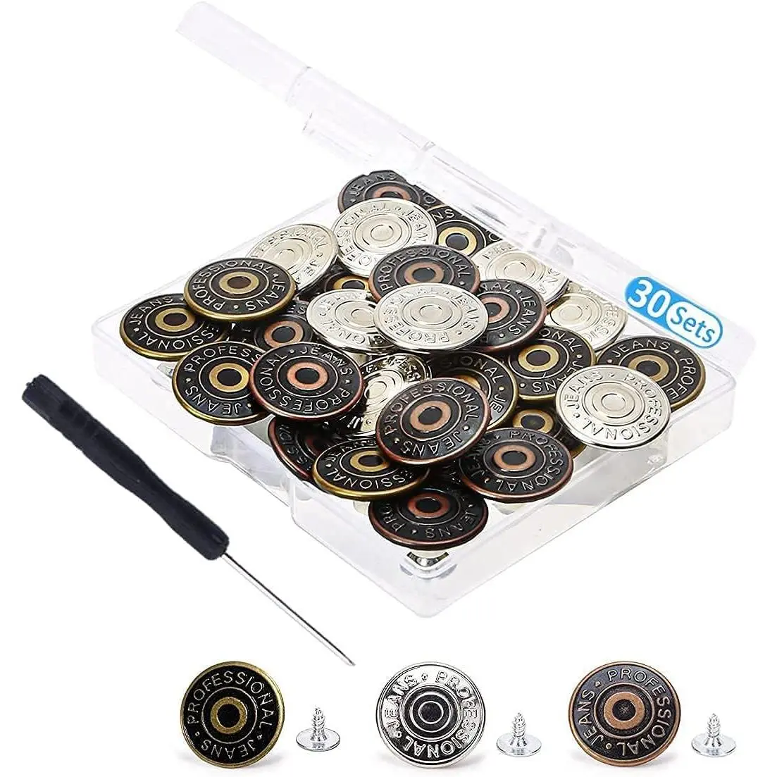30 Sets Jeans  Buttons 7mm Jean Buttons  Kit with Rivets and Metal Base in Storage Box (Bronze,,Copper)