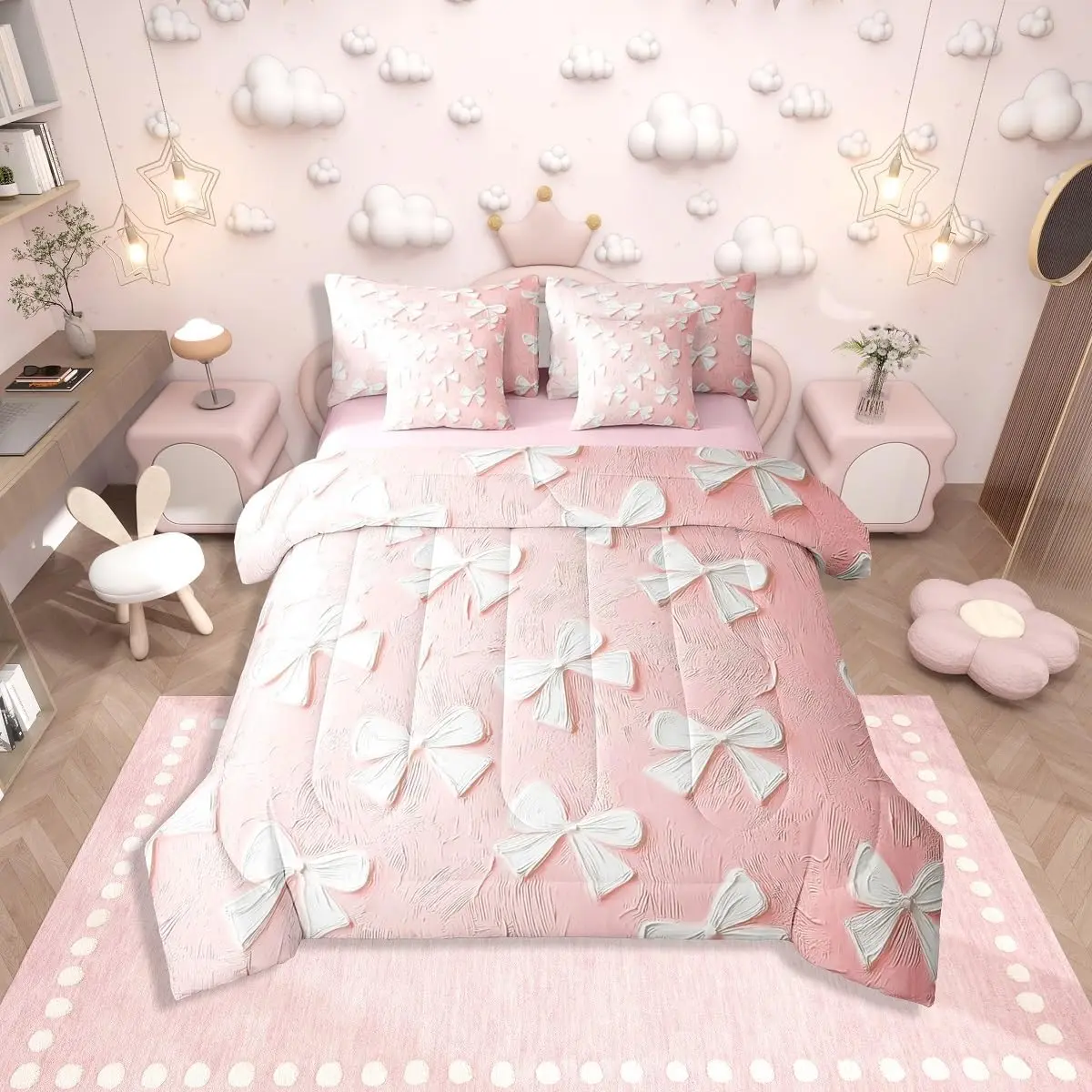 Feelyou 7-Piece Pink White Bow Bedding Set - Coquette Bowknot Comforter & Bedsheet Sets, Bed Linens for Teen Girls, Ideal for Christmas, Thanksgiving, Valentine's Day