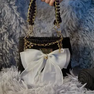 Elegant Black Crochet Handbag with Gold Chain and White Bow Accessory for Women's Fashion