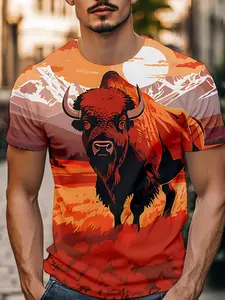Full-Print Buffalo Mountain Print T-Shirt, Gradient Design, Loose-Fitting Slimming Western Theme Party Essential