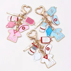 1 Pc Nurse-Themed Charm Keychain, Epoxy Enamel Alloy, Medical Hat, Thermometer, IV Bag, Face Mask, Scrubs, Heart Clasp, For Nurses And Doctors