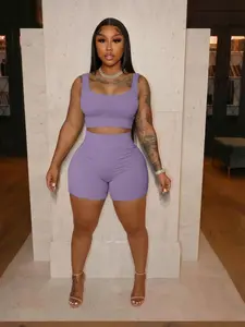 USBoutiqueCHIC Women’s Ribbed Square Neck Crop Top & High-Waisted Shorts Two-Piece Set | Slim-Fit Casual Daily Outfit