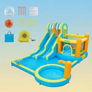 6-in-1 Inflatable Water Bounce House – 23FT Blow Up Water Slide Park with Jumping Area, Water Cannon, Climbing Wall & Splash Pool for Kids Indoor Outdoor Play
