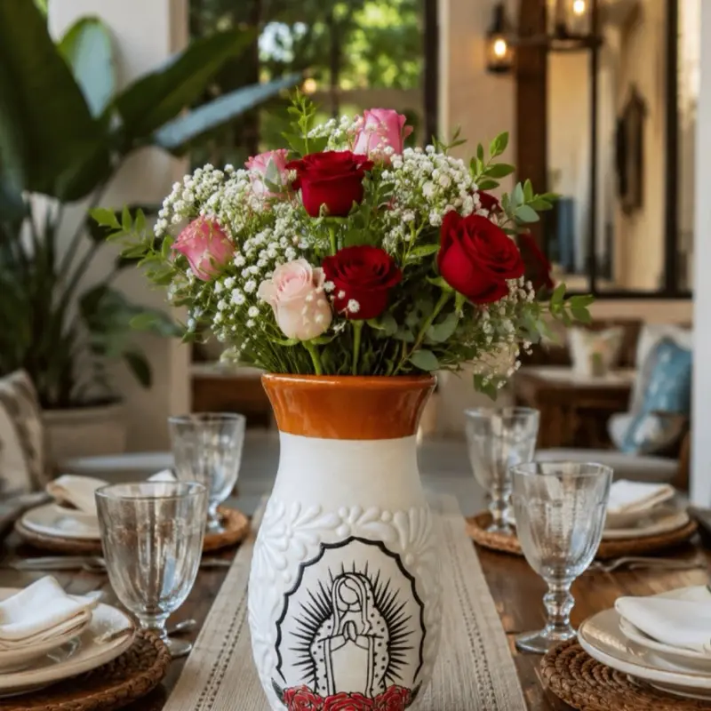 Handcrafted Virgin Mary Ceramic Flower Vase | Brown & White