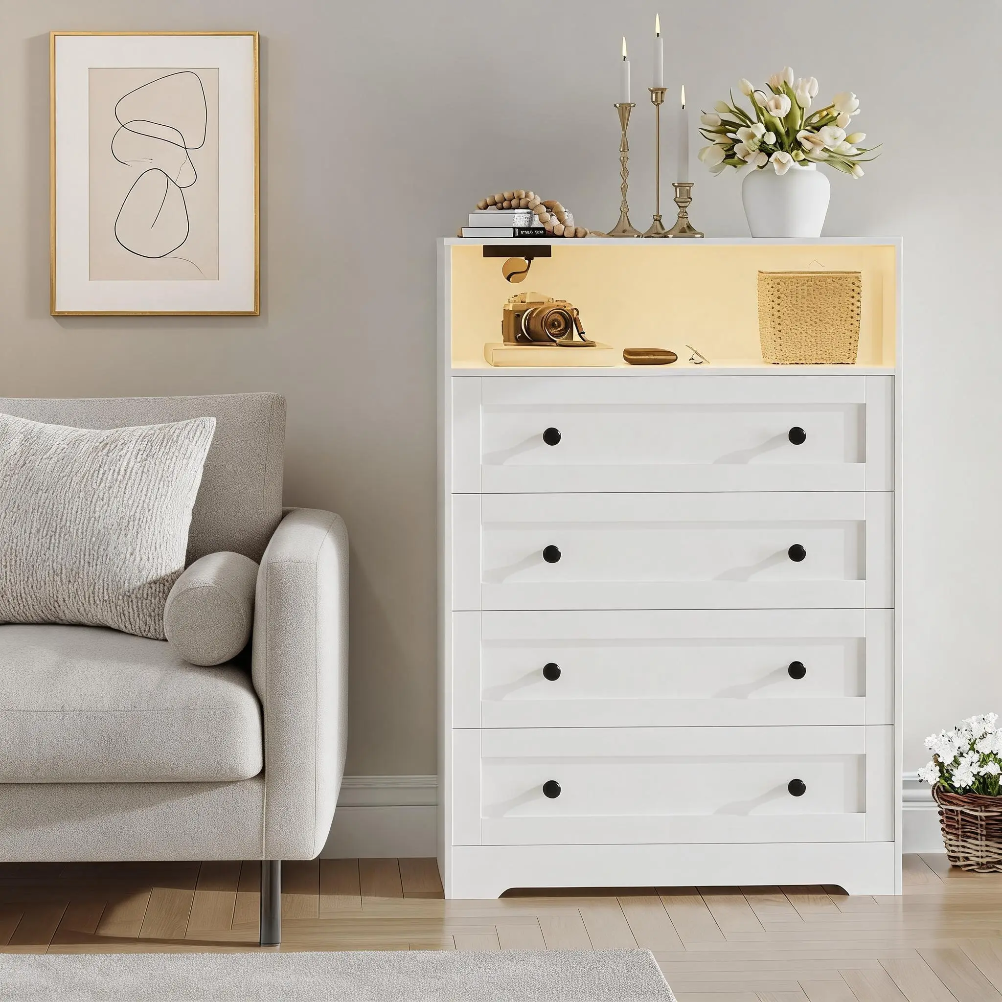 Garvee Tall Narrow Dresser Chest With LED Lights Charging Station And Open Shelf Vertical Storage Cabinet For Bedroom Closet Nursery Hallway Living Room