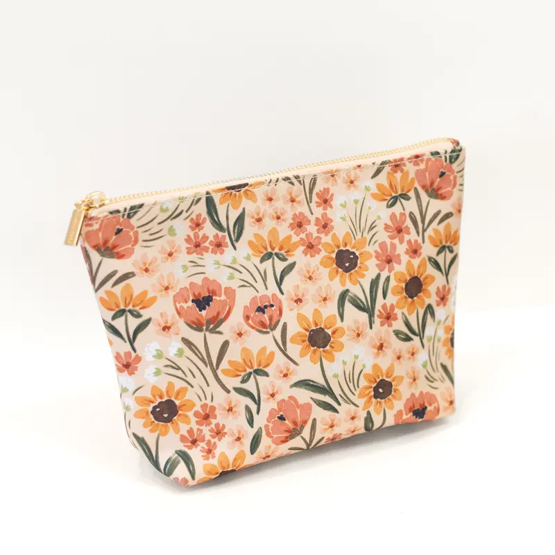 Large Floral Makeup Organizer Pouch - 10" x 6.5" x 2.5" Compact Polyester Beauty on the Go Bag, Gold Zip Closure, Inner Pocket, Hand Washable, Designed in NC, Travel-Ready for Toiletries & Art Supplies