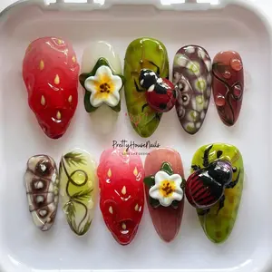 Frangipani & Ladybug Press On Nails, Tropical Fruit Nail Set, Handmade Lover Nail Art, Tortoise Shell Nail, Unique Floral Nail Set Nail Gift
