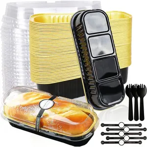 50 Pack Mini Loaf Pans  Lids and Spoons, 6.8 Oz Mini Cake Pans  Lids for Baking, Disposable Rectangle Aluminum Foil Loaf Pan  Stickers，Small Cake Containers Tin（Black）