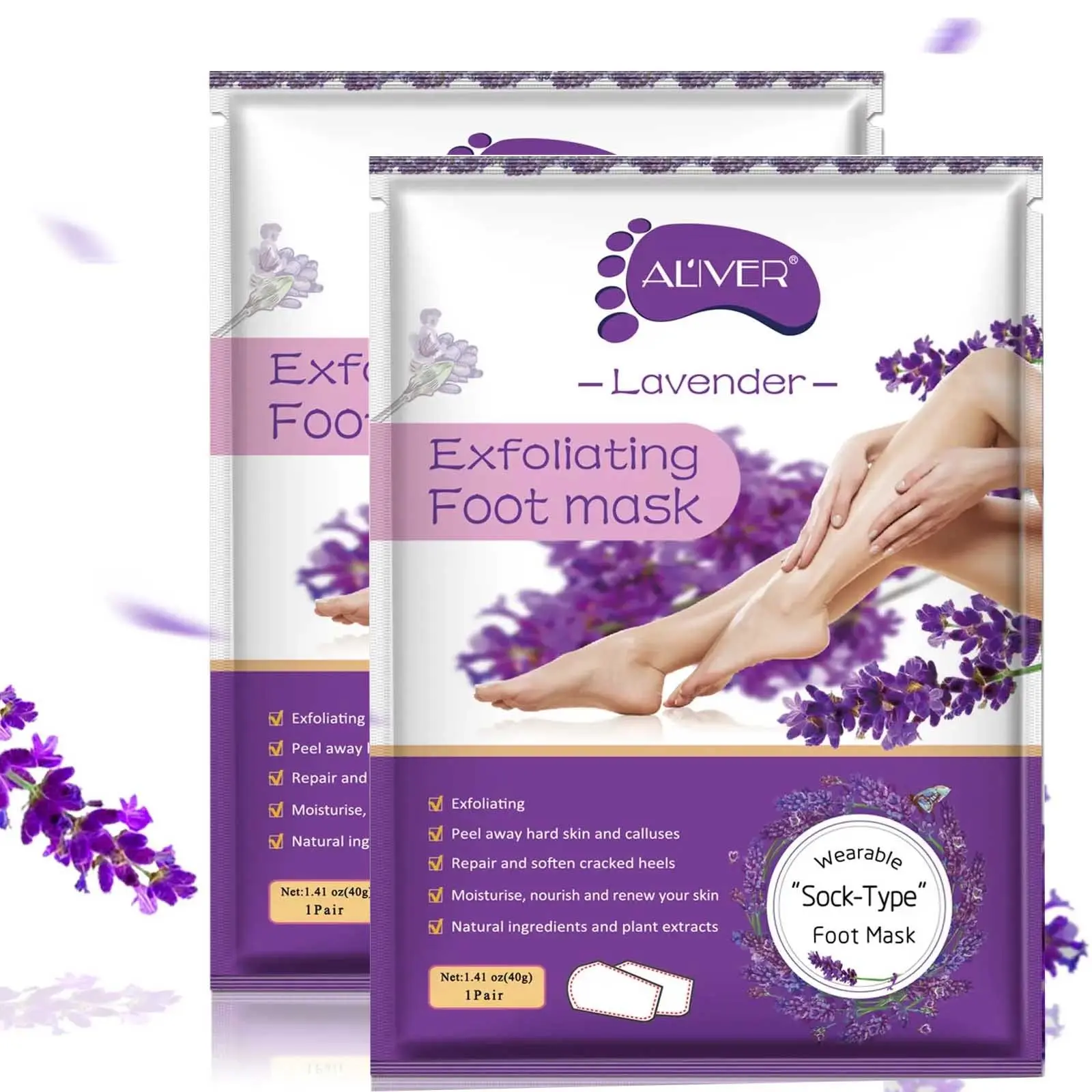Aliver Foot Mask (Lavender Scent), Exfoliating Foot Mask, Deep Exfoliation Say goodbye to dead skin and calluses, reveal soft feet and restore smooth silky texture. Ideal for care before wearing sandals in spring and summer, or during the dry seasons