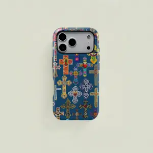 Blue Mexican folk-style colorful cross pattern protective case, sturdy and durable 2-in-1 case, compatible with iPhone 17/16/15/14/13/12/11 Pro Max/Plus/Pro, Samsung Galaxy S25/S24/S23 Ultra series, simple and stylish phone case.