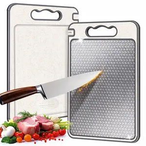 Stainless Steel Cutting Board, Double Sided Chopping Board for Kitchen, Scratch-resistant Mesh Design, Non Toxic, Juice Groove, Dishwasher Safe, 304 Stainless Steel and Wheat Straw PP (15×10 In） Titanium