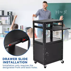 YITAMOTOR Heavy-Duty Rolling Projector Cart, Black, 2mm Steel Legs, 300lb Capacity, Adjustable Shelves, 16.4ft Power Cord Organiser Racks