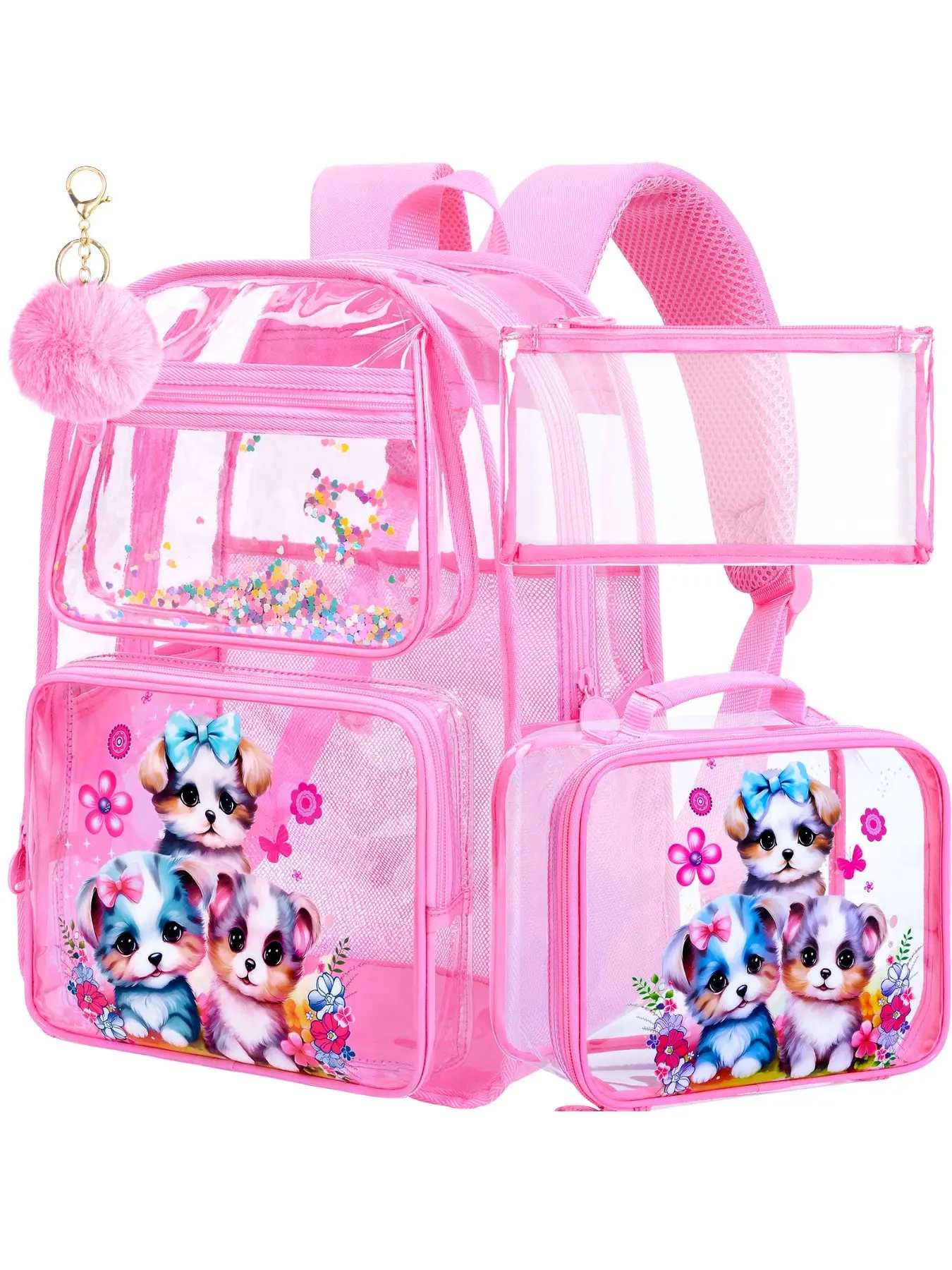 3PCS Clear Backpack for Girls, Pattern Backpack Set, See Through Backpacks for Kids with Lunch Box, Heavy Duty Transparent Bookbag - Dog, Kawaii Backpack, Cute Daypacks, School Backpack Set