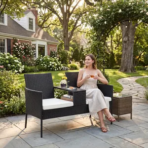 Wicker 2 Seat Patio Conversation Set, Outdoor Rattan Loveseat with Table, Washable Cushion Covers, Backyard, Garden, Lawn, Black Rattan with Black Cushion