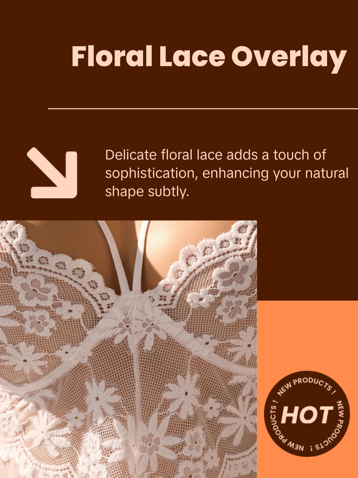 Women's Floral Lace 2-Piece Chemise Set - Sleeveless Thin Spaghetti Straps, Sweetheart Plunge V-Neck, Built-In Cups, Chiffon Rayon A-Line Silhouette Sheer Skirt, High-Cut Thong Panty - Honeymoon Intimate Loungewear Nightwear, Hand Wash Only