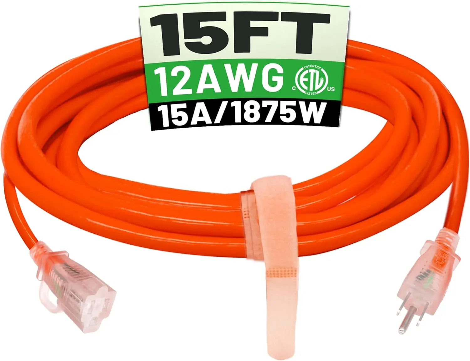15 ft 12/3 SJTW Outdoor Weatherproof Extension Cord, Heavy Duty 12 Gauge 3 Prong with Lighted End, Flexible Cold-Heat Resistant 15A 1875W 125V Orange ETL Listed, Hook Design with Straps for String Lights, Lawn Mowers