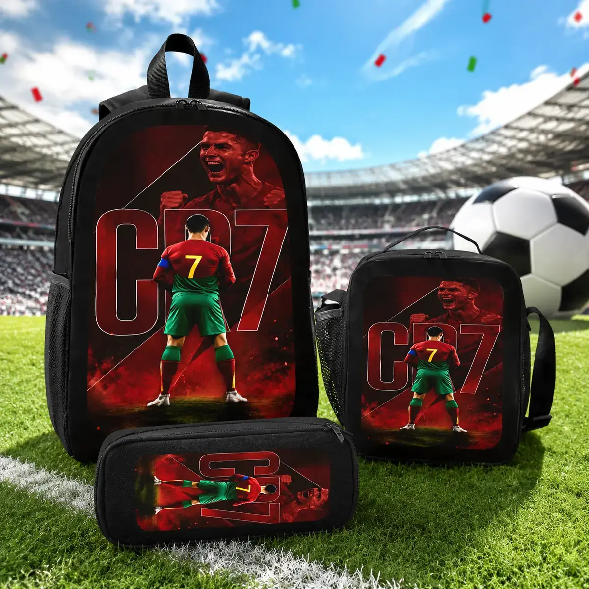 CR7 Football 17 inch 3 piece backpack set soccer backpack shoulder bag pencil case lightweight sports bookbag backpacks for school backpacks for women men student set travel bag football fan gift 2026 2027 back to school backpack set
