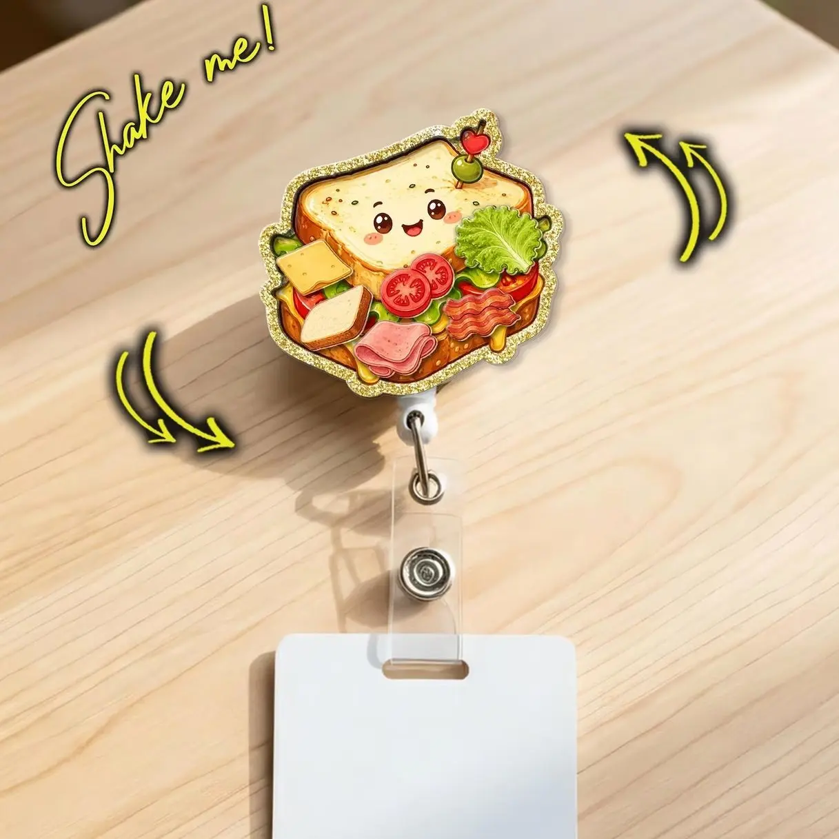 Sandwich Shaker Badge Reel – Cute Bread Slice Breakfast Fast Food Retractable ID Holder Nurse Gift  37Q