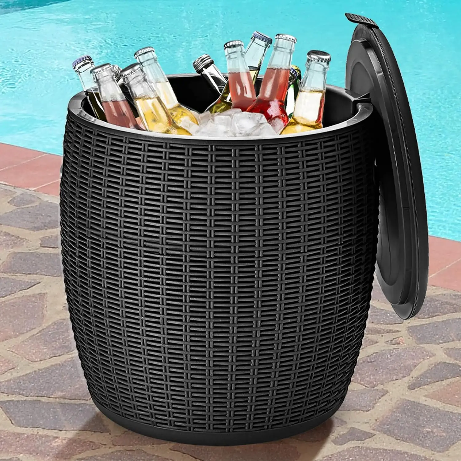 Vallmore 9.5 Gal 4-in-1 Ice Bucket Bar Table, Rattan-Look Wicker Style with Lid, Drain Plug & Side Handles, 35L Drink Chiller Seat & Side Table for Party, Poolside, Yard, Entertaining (Brown/Black)