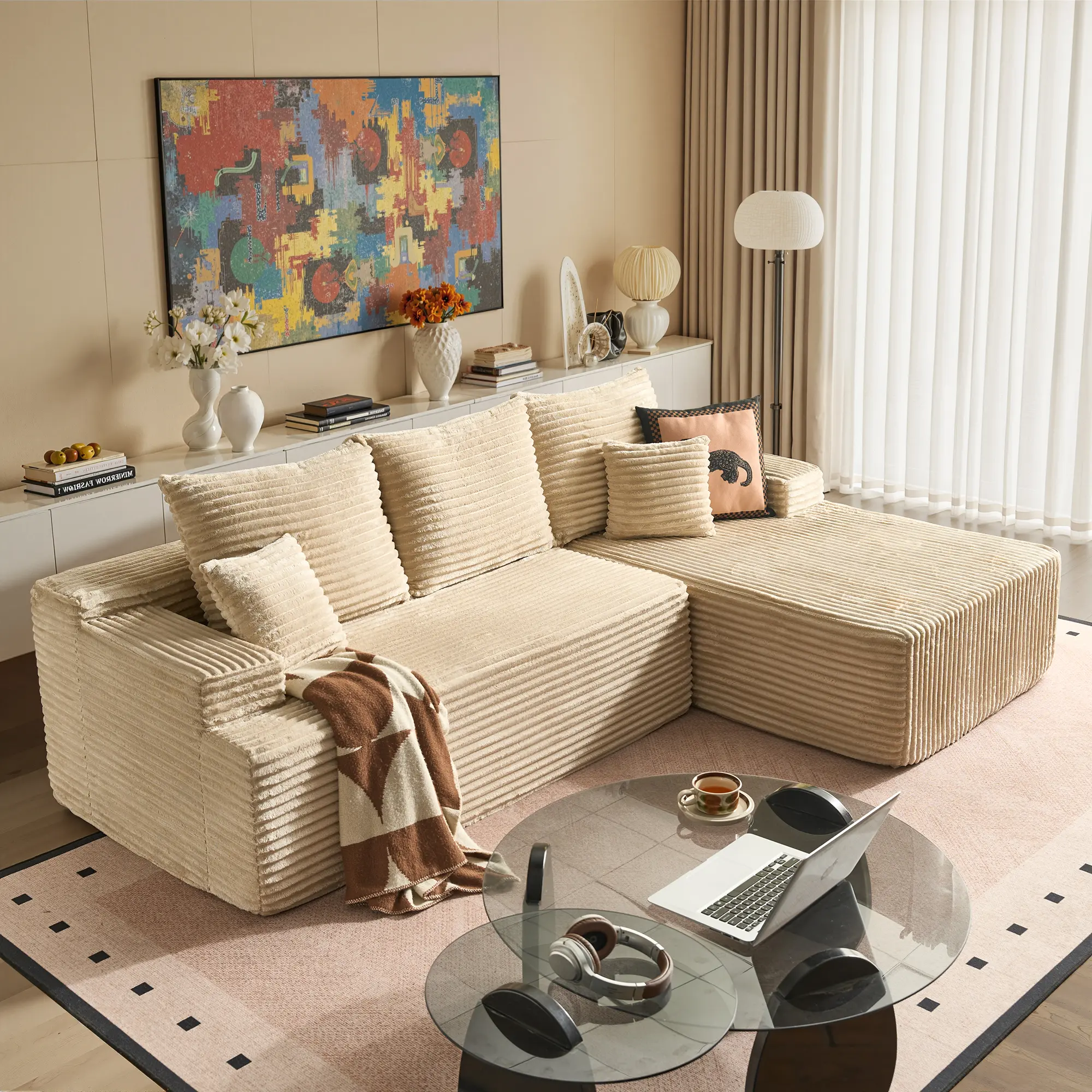 96" Beige L Shaped Sofa with Right Chaise 2